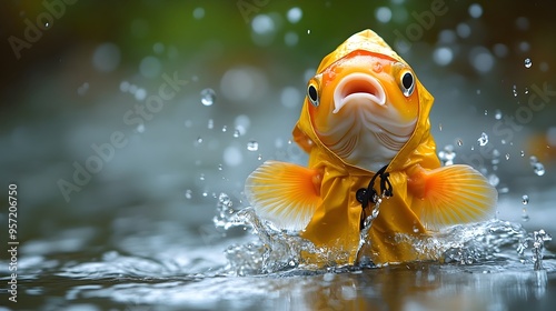 Adorable Koi Fish Wearing Tiny Raincoat and Boots Splashing in Pond on a Rainy Day photo