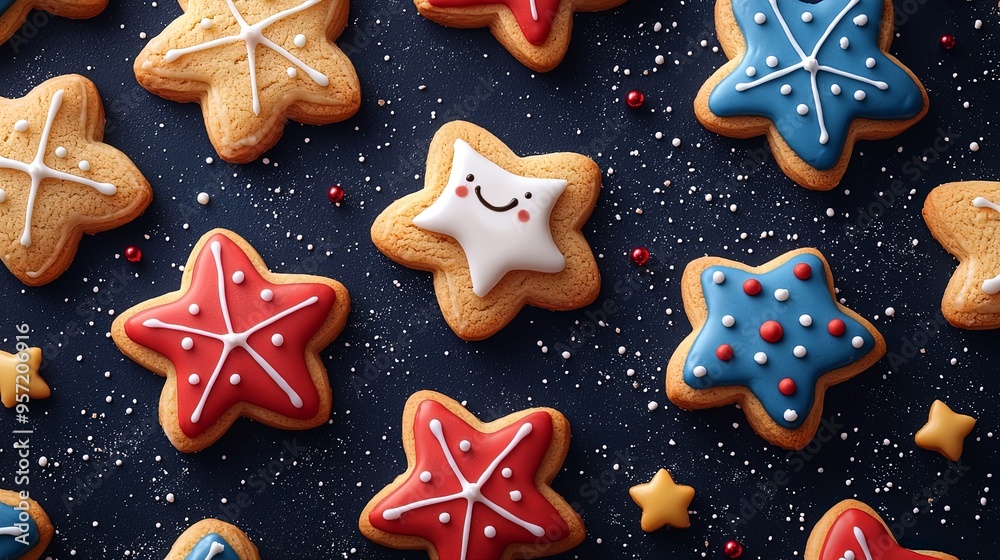 An assortment of vibrant star-shaped cookies with smiling faces and dotted icing, laid out on a dark blue background, exuding a fun and playful holiday atmosphere. An assortment of vibrant star-shaped cookies with smiling faces and dotted icing, laid out on a dark blue background, exuding a fun and playful holiday atmosphere.