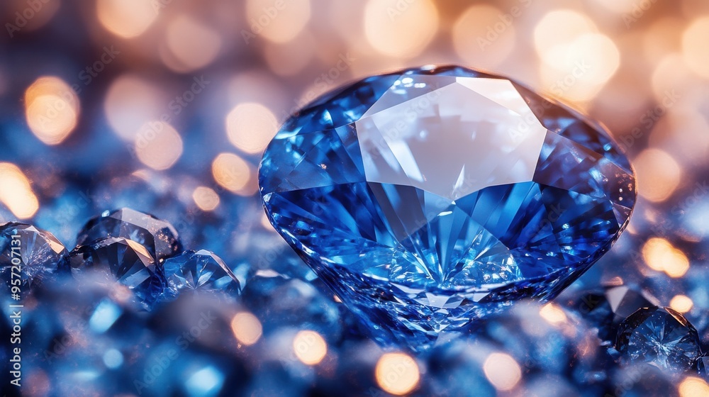 An extreme close-up of a dazzling blue sapphire surrounded by smaller blue crystals, set against a soft, warm bokeh background, exuding luxury and elegance.
An extreme close-up of a dazzling blue sapphire surrounded by smaller blue crystals, set against a soft, warm bokeh background, exuding luxury and elegance.