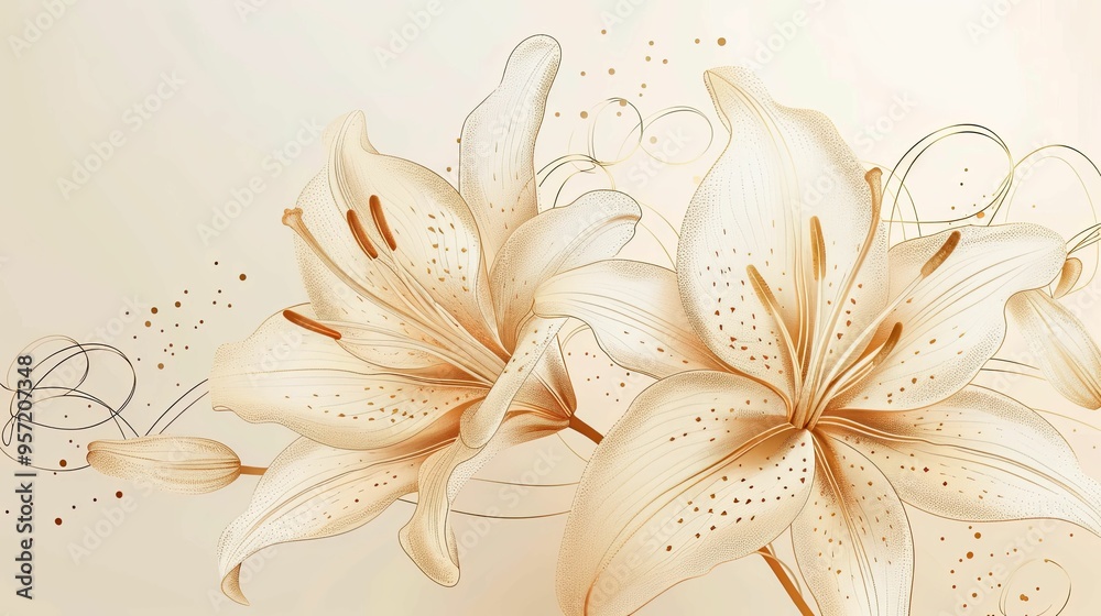 Abstract Beige Lilies with Golden Detail on a Cream Background Abstract Beige Lilies with Golden Detail on a Cream Background