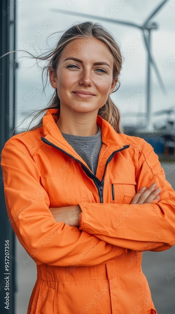 A confident woman in an orange jacket stands with arms crossed at a windy location, symbolizing strength and determination. A confident woman in an orange jacket stands with arms crossed at a windy location, symbolizing strength and determination.