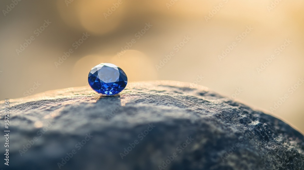 A single blue sapphire sits gracefully on a textured rock, illuminated by soft, warm light against a blurred background.

