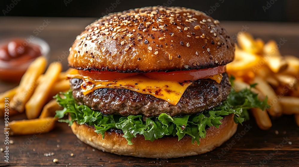 A close-up shot of a cheeseburger with perfectly melted cheese, crisp lettuce, and a side of golden fries on a wooden table, soft shadows and warm tones enhancing the appetizing scene, A close-up shot of a cheeseburger with perfectly melted cheese, crisp lettuce, and a side of golden fries on a wooden table, soft shadows and warm tones enhancing the appetizing scene,