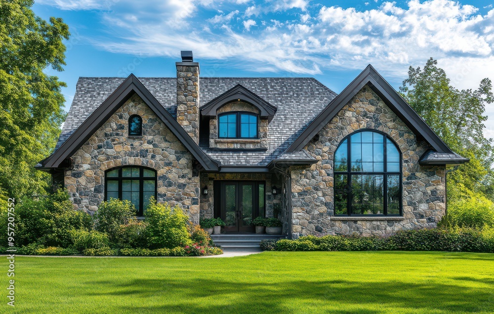 Charming Stone House with Large Lawn and Blue Sky Charming Stone House with Large Lawn and Blue Sky