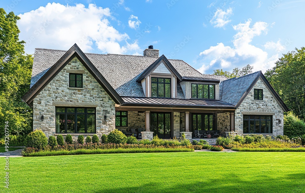 Obraz premium Charming Stone House with Large Lawn and Blue Sky