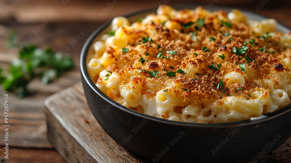 A close-up shot of a creamy bowl of macaroni and cheese with golden breadcrumbs sprinkled on top, placed on a rustic wooden table, A close-up shot of a creamy bowl of macaroni and cheese with golden breadcrumbs sprinkled on top, placed on a rustic wooden table,