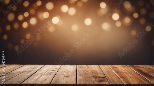 empty wooden table in front of a blurred brown background perfect for product display advertising or design mockup.