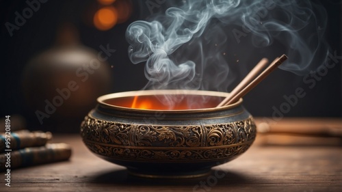 Burning incense sticks smoldering in ornate bowl with smoke. photo