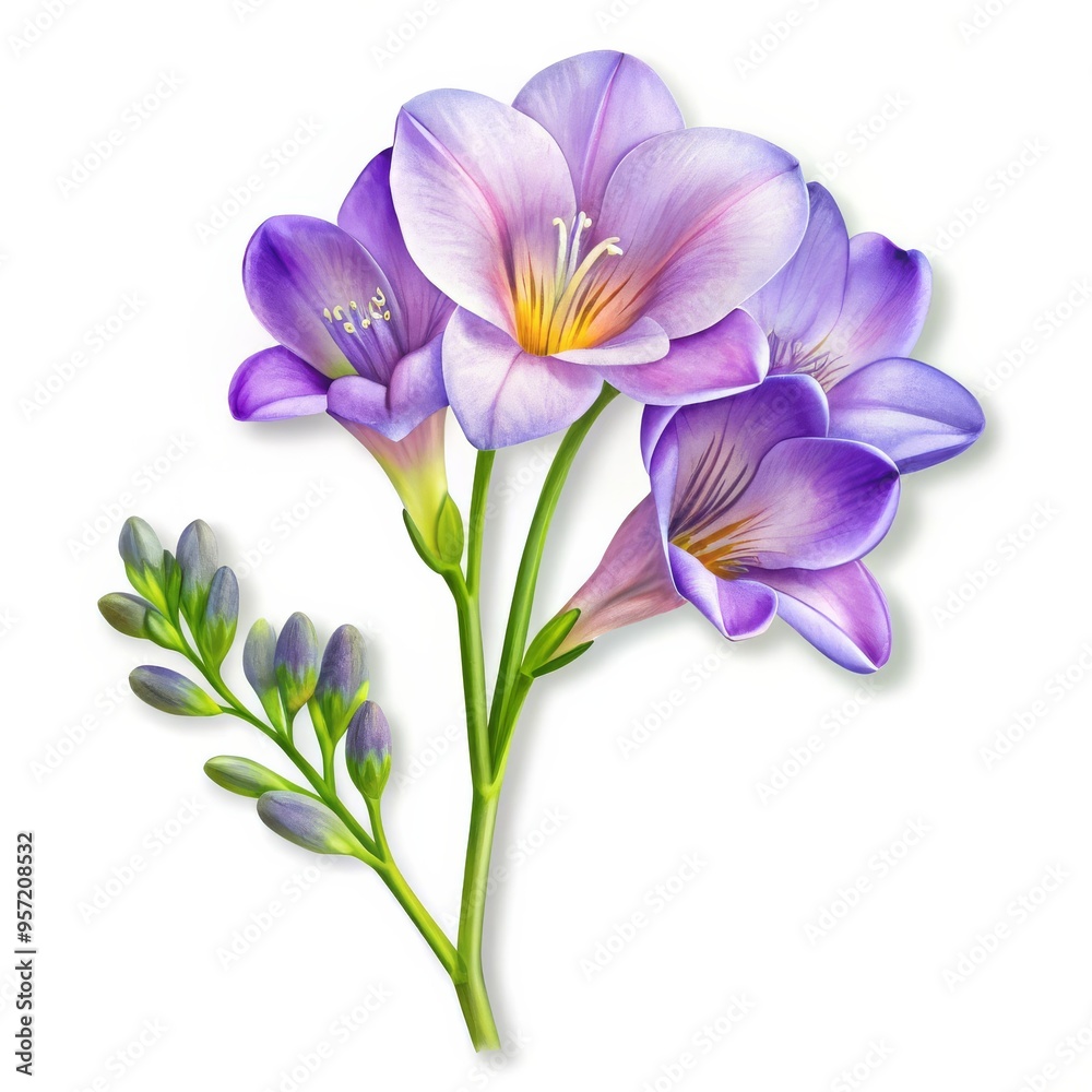 Purple Freesia Flower with Buds, Watercolor Painting, Isolated on White Background, Flower Bouquet, Spring Flowers, Floral Art. Freesia, watercolor Purple Freesia Flower with Buds, Watercolor Painting, Isolated on White Background, Flower Bouquet, Spring Flowers, Floral Art. Freesia, watercolor