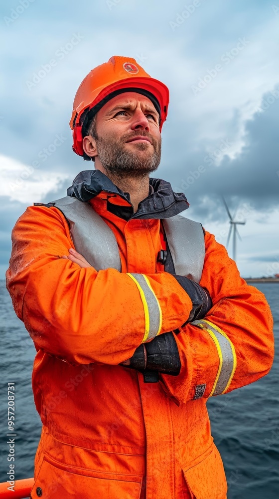 A confident worker in an orange safety suit stands by the sea, overlooking wind turbines in a dramatic cloudy sky. A confident worker in an orange safety suit stands by the sea, overlooking wind turbines in a dramatic cloudy sky.