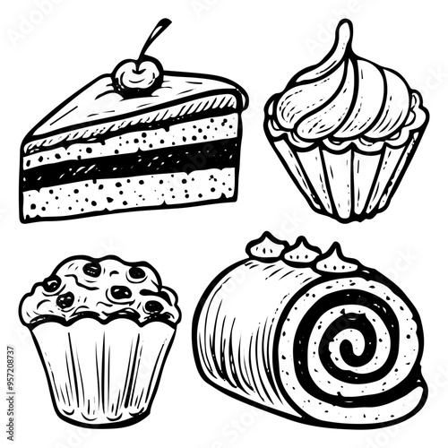 Set of cake and cupcake hand drawn doodle. Cream roll. Sweet biscuit dessert food. Confectionery sugar pastry. Bakery product. Baked muffin. Vector outline line art illustration.