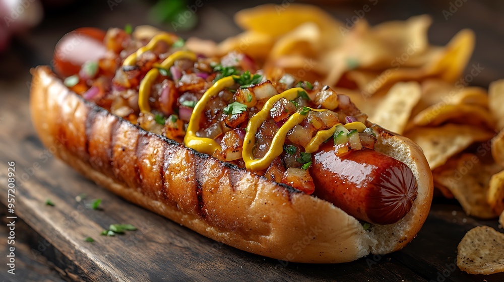 A close-up shot of a hot dog with char-grilled marks, topped with mustard and onions, on a rustic wooden table with potato chips scattered around, A close-up shot of a hot dog with char-grilled marks, topped with mustard and onions, on a rustic wooden table with potato chips scattered around,