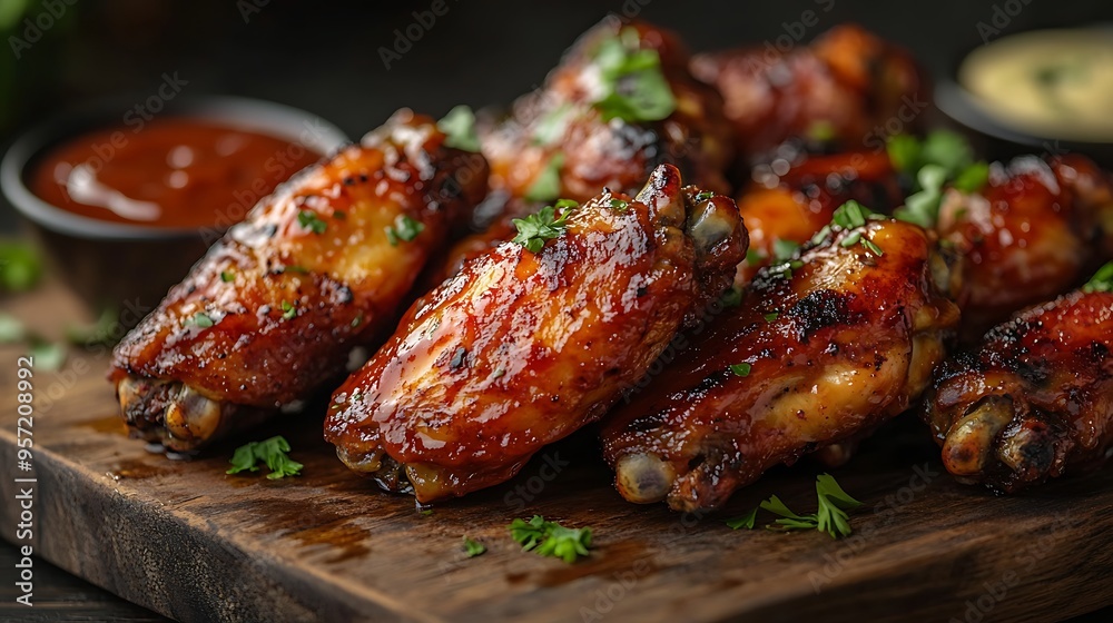 A close-up shot of a platter with a variety of chicken wings including spicy buffalo, BBQ, and honey mustard, served on a wooden table with dipping sauces and garnishes, A close-up shot of a platter with a variety of chicken wings including spicy buffalo, BBQ, and honey mustard, served on a wooden table with dipping sauces and garnishes,