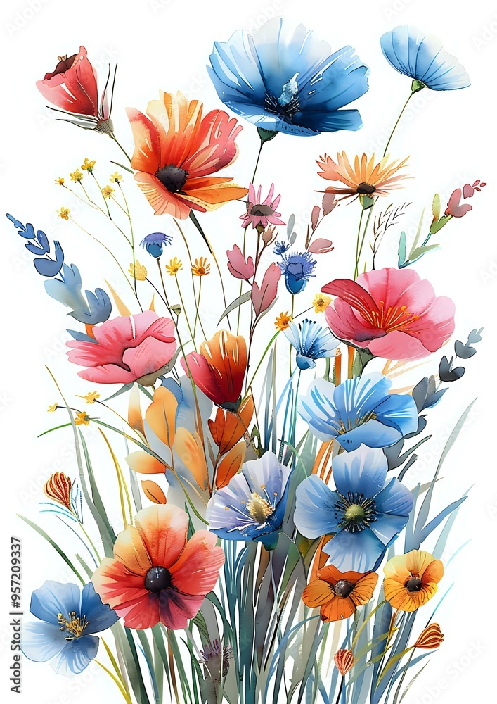 A beautiful watercolor painting of wildflowers in vibrant shades of blue, pink, and orange. Ideal for art prints, stationery, fabric designs, and home decor. A beautiful watercolor painting of wildflowers in vibrant shades of blue, pink, and orange. Ideal for art prints, stationery, fabric designs, and home decor.
