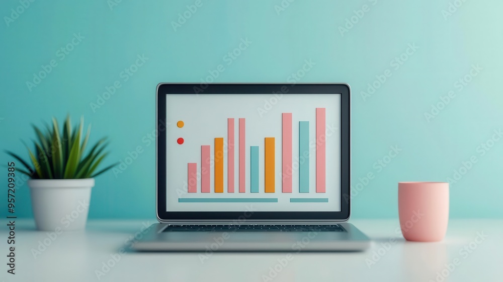 A laptop displaying colorful graphs, a plant, and a cup on a light background, symbolizing data analysis and productivity. A laptop displaying colorful graphs, a plant, and a cup on a light background, symbolizing data analysis and productivity.