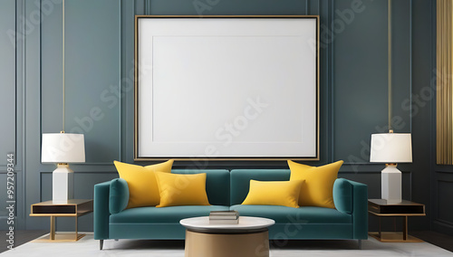 art deco classic interior design modern living room sofa teal yellow pillows gray paneling wall big poster frame