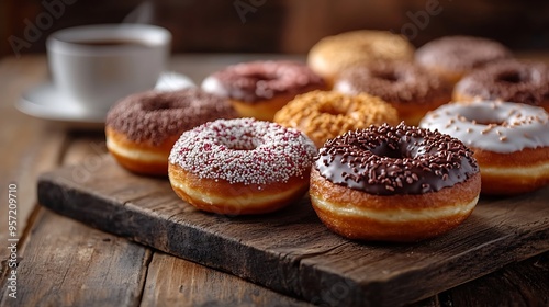 A close-up shot of a variety of donuts including glazed, chocolate, and sprinkled, placed on a wooden table with a cup of freshly brewed coffee,