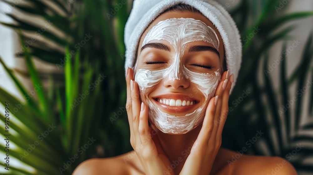 Smiling woman applying a facial mask at home surrounded by lush green plants in the afternoon light Smiling woman applying a facial mask at home surrounded by lush green plants in the afternoon light