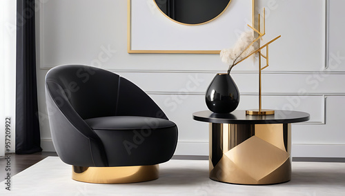 black armchair near round coffee table golden elements hollywood glam luxury home interior design modern living room photo