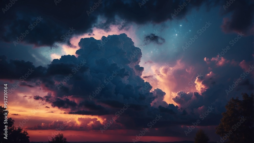 Naklejka premium Stormy indigo night sky with dramatic clouds.