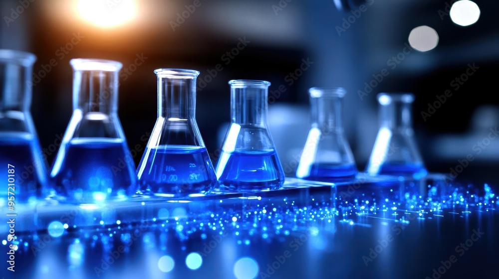 Row of glass laboratory flasks filled with blue liquid in a research chemistry lab, illuminated with blue bokeh lights.