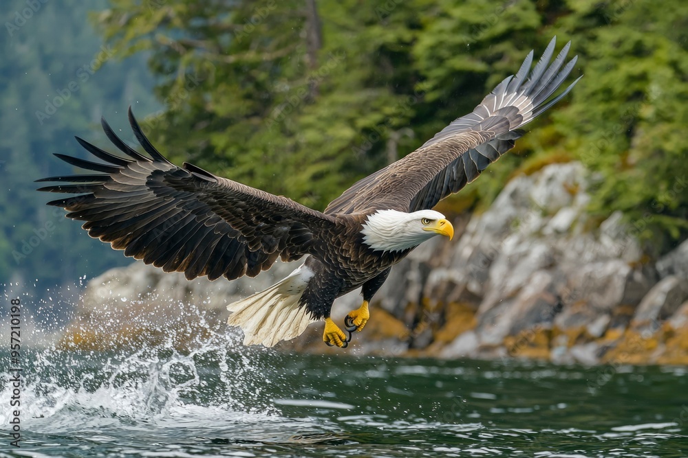 Fototapeta premium Bald Eagle Soaring Over Water with Wings Spread Wide