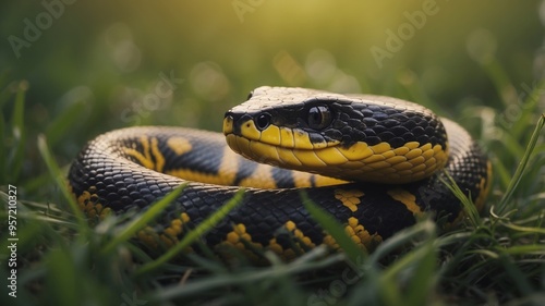 A close up of a yellow and black snake in the grass.