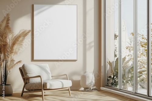 Poster Frame in Beige minimalist living room interior created with generative AI