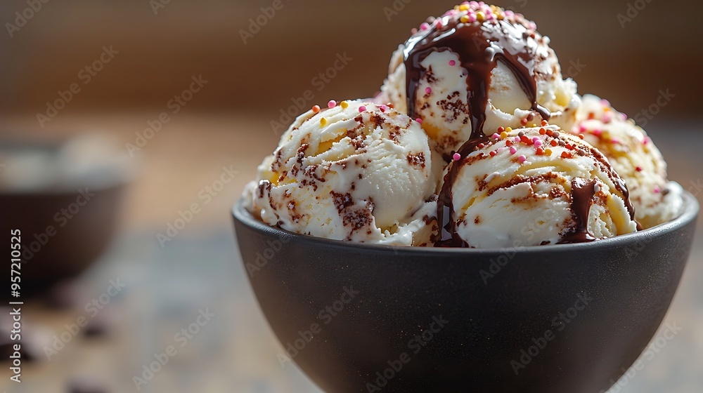 A close-up shot of multiple ice cream scoops in a bowl, drizzled with chocolate syrup, covered in sprinkles, and topped with a dollop of whipped cream, placed on a wooden table, A close-up shot of multiple ice cream scoops in a bowl, drizzled with chocolate syrup, covered in sprinkles, and topped with a dollop of whipped cream, placed on a wooden table,