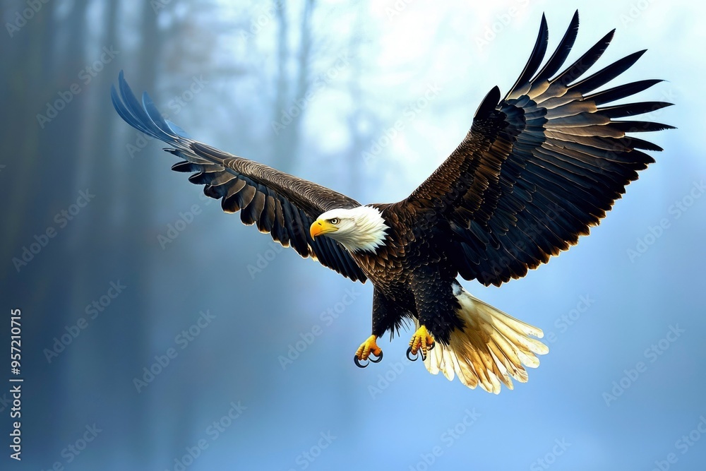 Obraz premium Bald Eagle in Flight with Blurred Forest Background