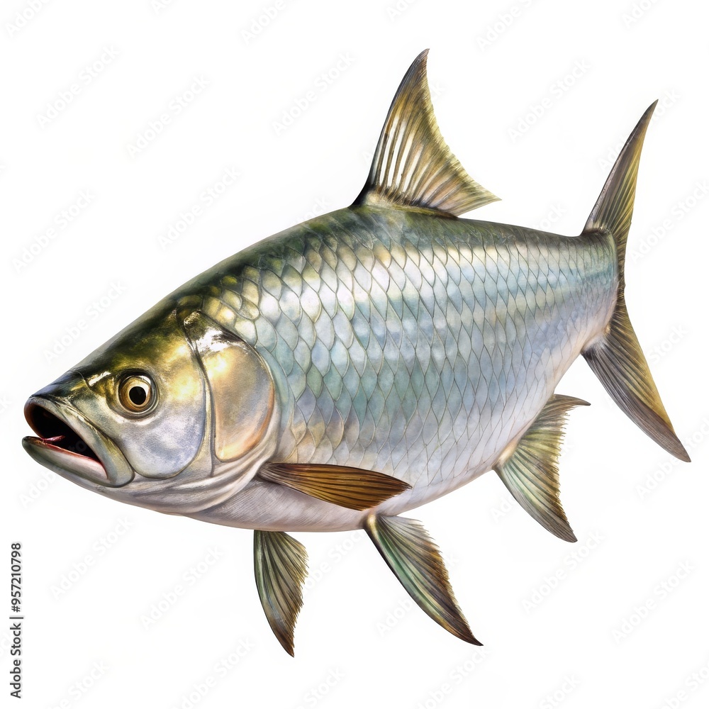 Side View of a Silver Fish with Golden Fins, Digital Illustration, Isolated, Fish, Silver, Fins