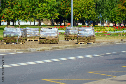 Wallpaper Mural Lush rolls of sod, neatly packaged in pallets and wrapped in protective plastic, await installation. These thriving green carpets promise to transform barren landscapes into verdant oases Torontodigital.ca