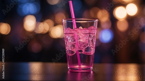 Clear plastic cup with straw under pink lighting. photo