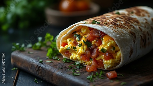 A close-up view of a breakfast burrito filled with scrambled eggs, crispy bacon, melted cheese, and fresh salsa, wrapped in a soft tortilla,