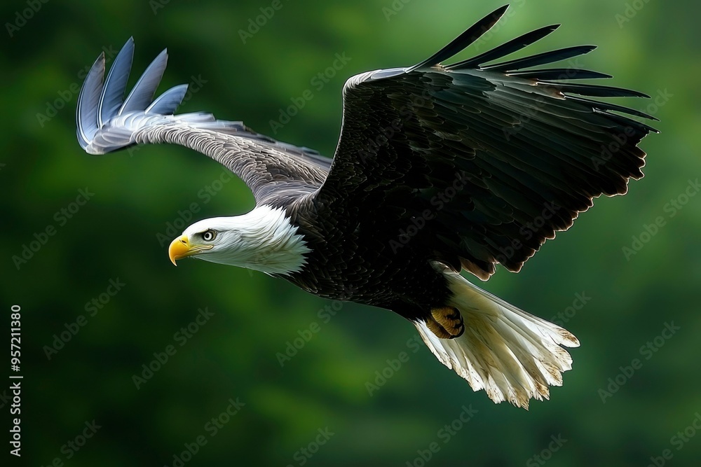 Fototapeta premium A Bald Eagle in Flight, Wings Spread Wide Against a Green Background