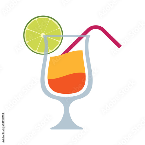 Tropical Drink vector icon. Isolated sunset-orange-colored tropical beverage in a stemmed glass served with a straw and fruit garnish.