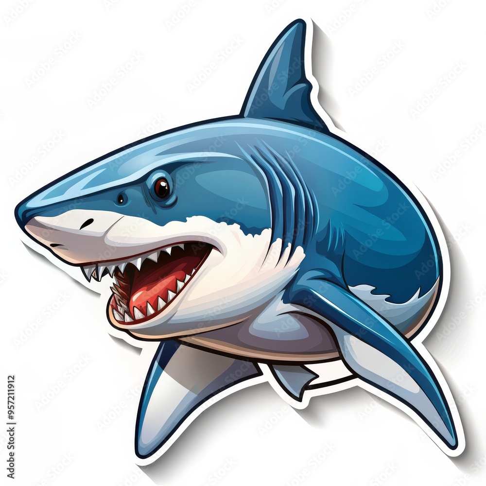 Sticker of a Blue Great White Shark with a Ferocious Expression, Cartoon Illustration, Illustration, Ocean Creature, Great White Shark Sticker of a Blue Great White Shark with a Ferocious Expression, Cartoon Illustration, Illustration, Ocean Creature, Great White Shark
