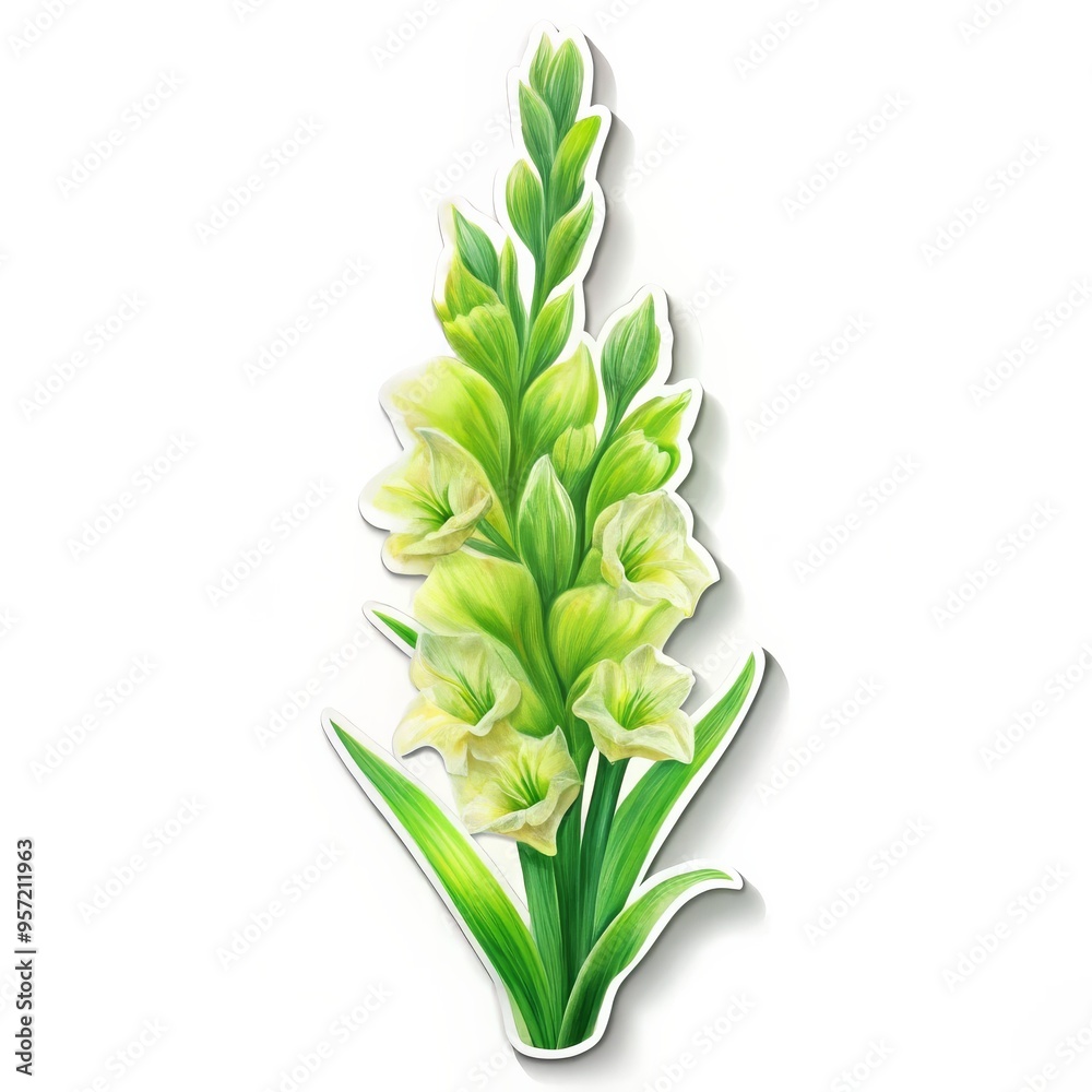 Obraz premium Sticker of a White Gladiolus Flower, Digital Illustration, White Background, Gladiolus Flower, Flower Sticker, Botanical Illustration