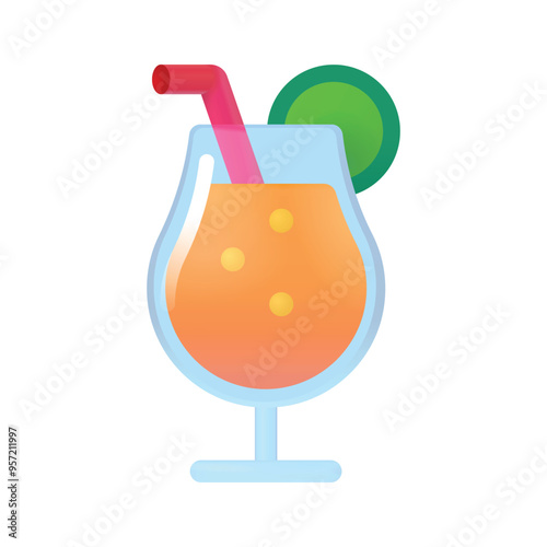 Tropical Drink vector icon. Isolated sunset-orange-colored tropical beverage in a stemmed glass served with a straw and fruit garnish.