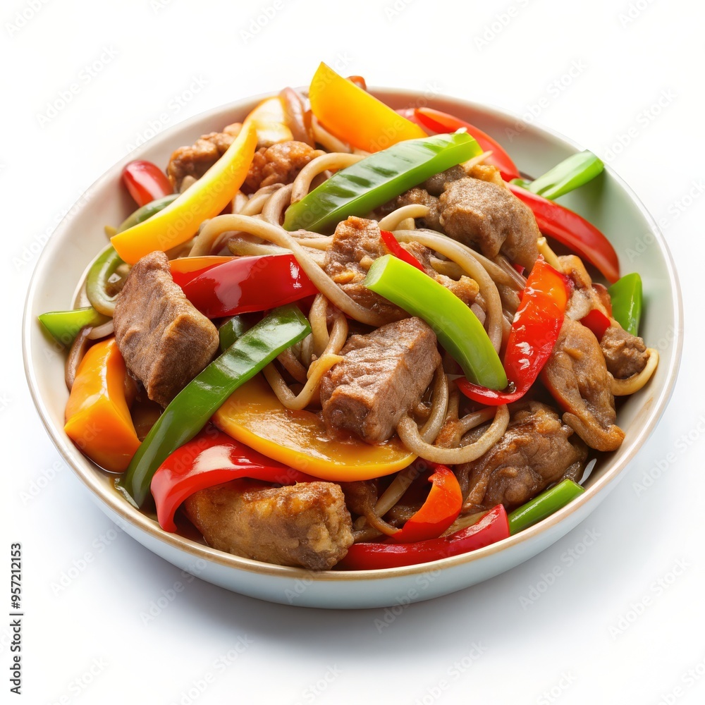 Stir-fried Beef with Noodles and Bell Peppers in a White Bowl, Asian Cuisine, Chinese Food, Beef Noodles Stir-fried Beef with Noodles and Bell Peppers in a White Bowl, Asian Cuisine, Chinese Food, Beef Noodles