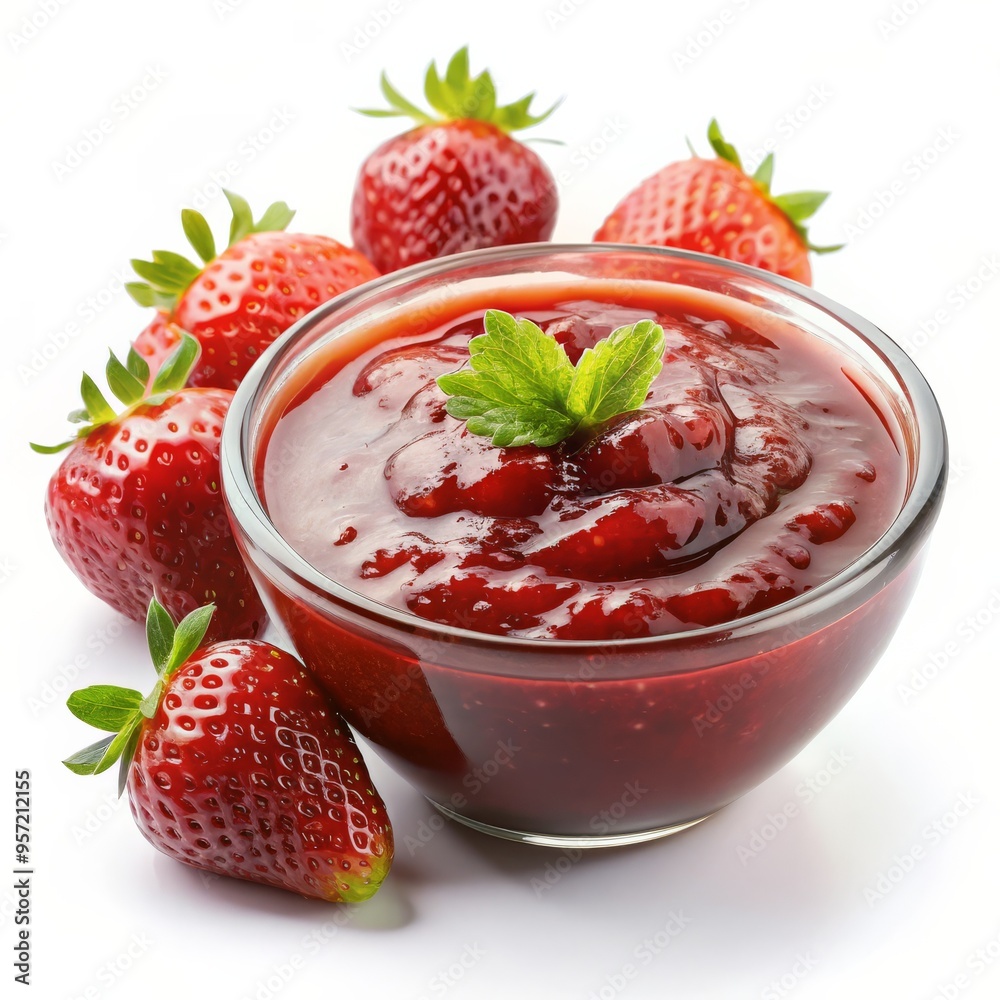 Strawberry Jam with Fresh Berries in Glass Bowl, strawberry jam, fruit preserves, homemade jam Strawberry Jam with Fresh Berries in Glass Bowl, strawberry jam, fruit preserves, homemade jam