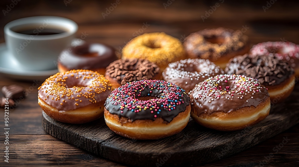 A close-up view of assorted donuts with glaze, chocolate, and sprinkles, arranged on a rustic wooden table with a cup of coffee, warm natural light highlighting the rich textures and vibrant colors,