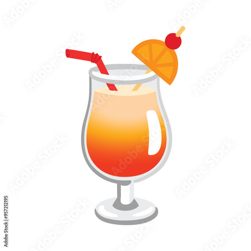 Tropical Drink vector icon. Isolated sunset-orange-colored tropical beverage in a stemmed glass served with a straw and fruit garnish.