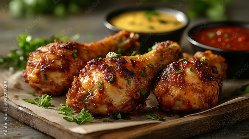 A close-up view of crispy fried chicken drumsticks in a basket, surrounded by various dipping sauces on a wooden table, sunlight streaming through, casting warm highlights on the golden crust, A close-up view of crispy fried chicken drumsticks in a basket, surrounded by various dipping sauces on a wooden table, sunlight streaming through, casting warm highlights on the golden crust,