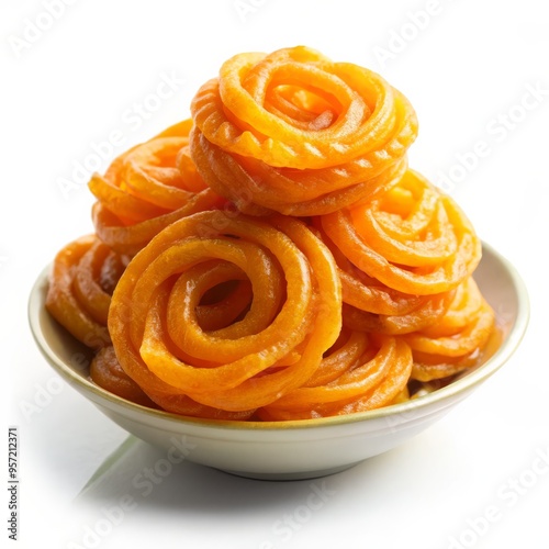 Sweet Jalebi Rings in Bowl, White Background, Close Up, Jalebi, Indian Dessert, Sweet Treat