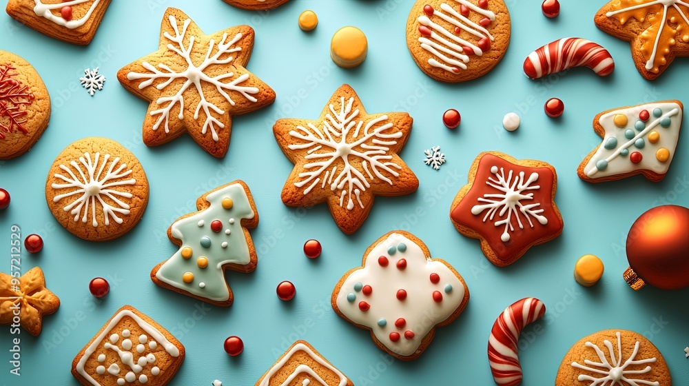 A display of holiday-themed cookies with icing in various shapes like stars, Christmas trees, and candy canes, all arranged on a blue background, capturing festive joy. A display of holiday-themed cookies with icing in various shapes like stars, Christmas trees, and candy canes, all arranged on a blue background, capturing festive joy.
