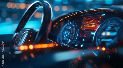 Abstract electronic car dashboard interface hologram on blurry blue backdrop. Automobile, charging and futuristic technology concept. 3D Rendering photo