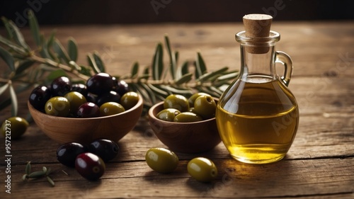 Bottle of olive oil and bowl of olives on a rustic wooden table. photo