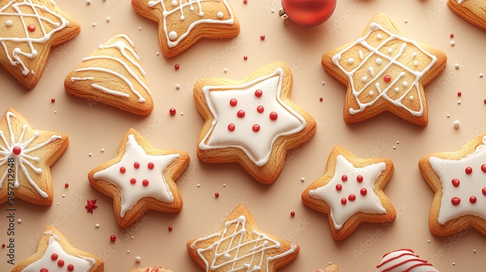 A collection of star-shaped cookies on a beige background, beautifully decorated with white and red icing, creating a festive holiday ambiance. A collection of star-shaped cookies on a beige background, beautifully decorated with white and red icing, creating a festive holiday ambiance.