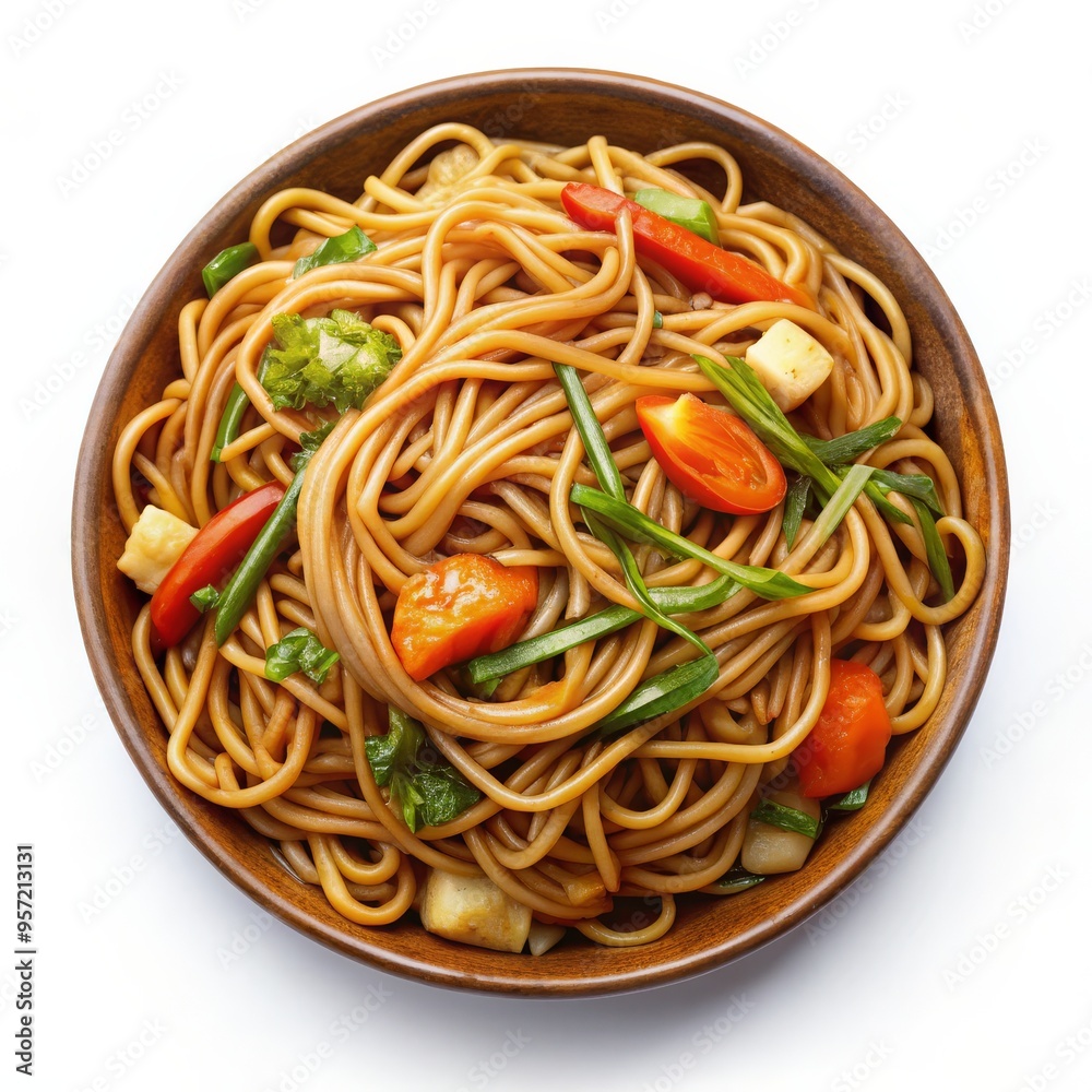 Top View of Noodles with Vegetables in a Wooden Bowl, noodles, vegetables, asian cuisine Top View of Noodles with Vegetables in a Wooden Bowl, noodles, vegetables, asian cuisine